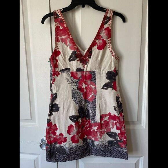 Floral Print V Neck Embroidered Cotton Tank Dress - Picture 8 of 11